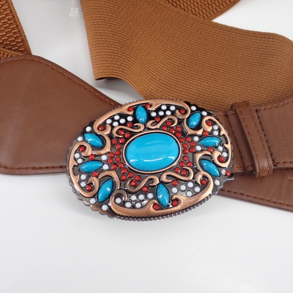 Southwestern Style Turquoise Blue Coral Red Copper Belt Buckle Brown Stretch XL - Picture 6 of 15
